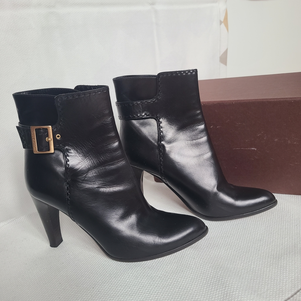Louis Vuitton Black Heel Ankle Boots with Gold Buckle Size 36